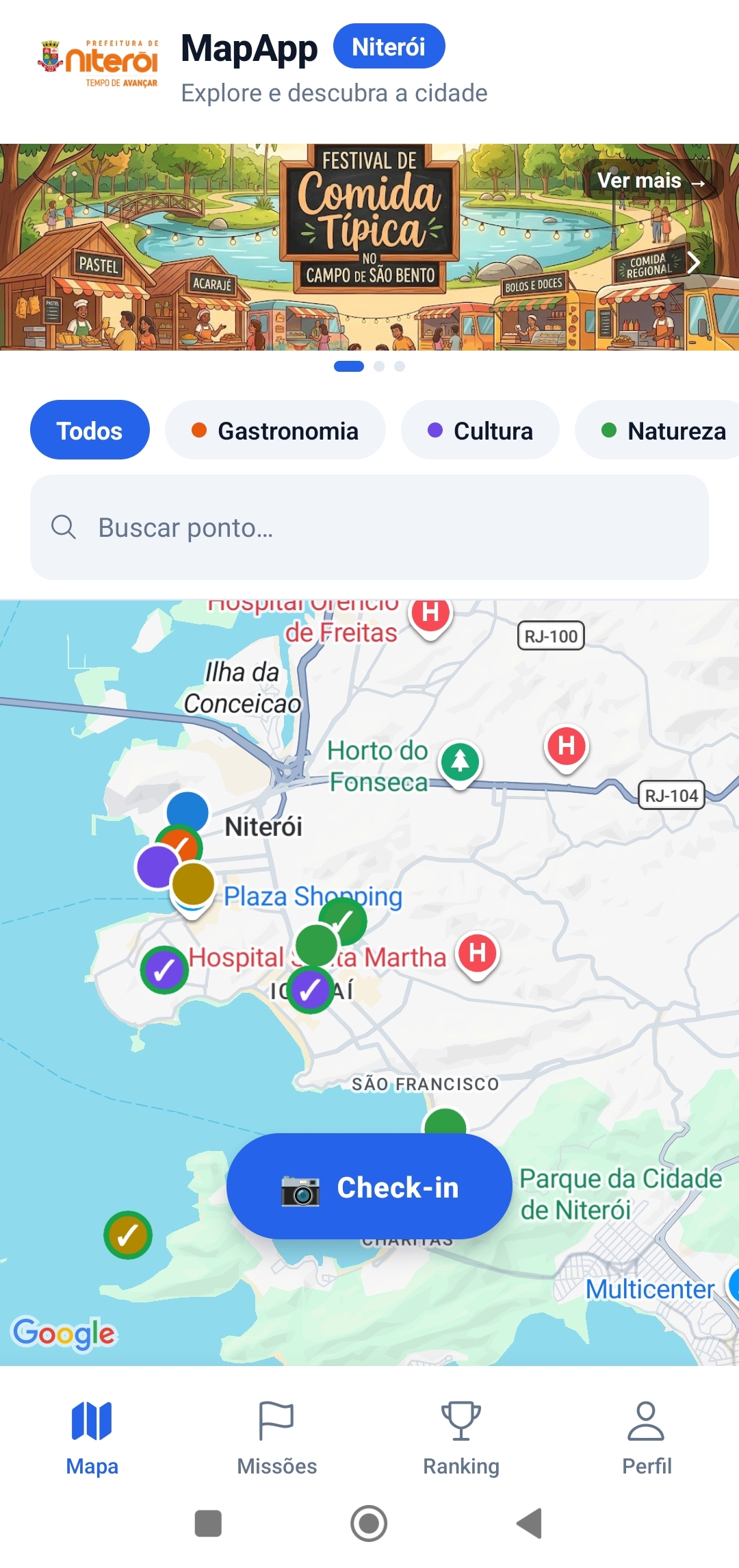 Tela inicial do MapApp mostrando o mapa da cidade